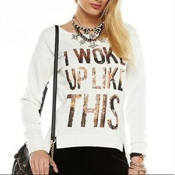 Juicy Couture White Gold Sequin "I Woke Up Like This" NWT Sweatshirt - Picture 1 of 6